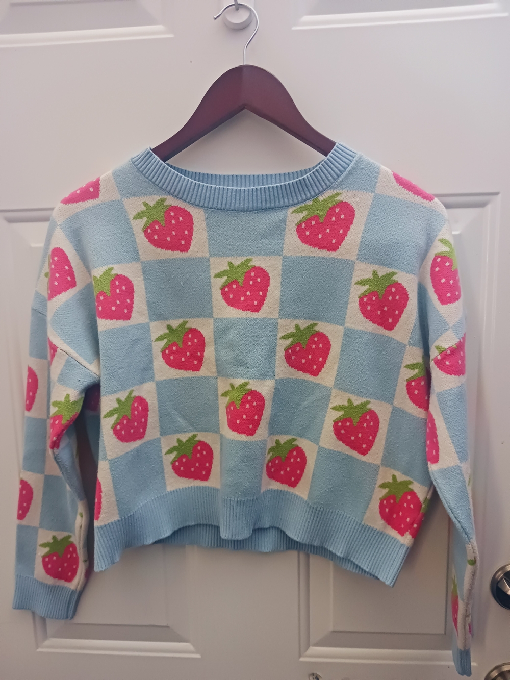 Kids Strawberry Checker Knit Sweater - Light Blue & Pink